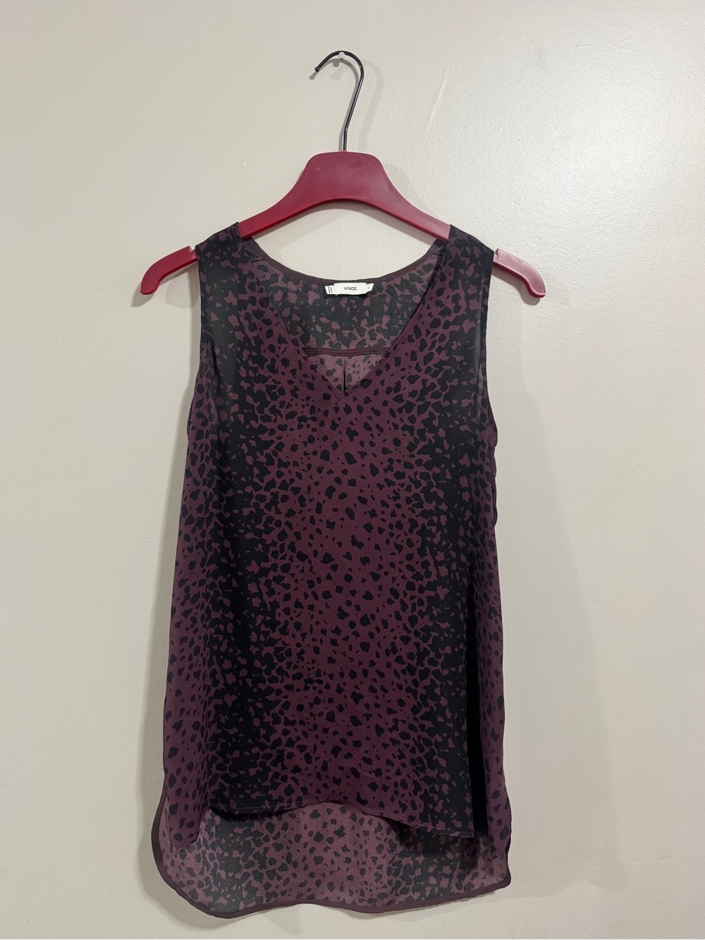 Vince Purple Black Abstract Animal Print Sheer V Neck Tank Top Sz S